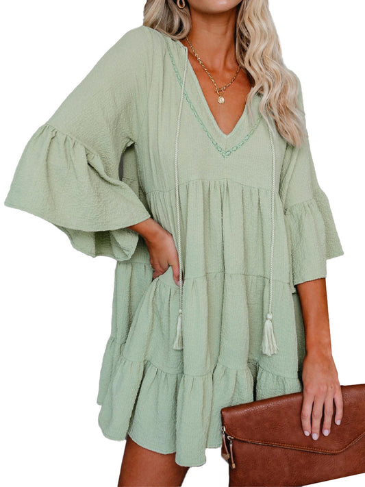 Vestido informal con volantes de Anna-Kaci para mujer, manga acampanada, escote en V, flecos, corte A, estilo babydoll, vestidos camiseros holgados