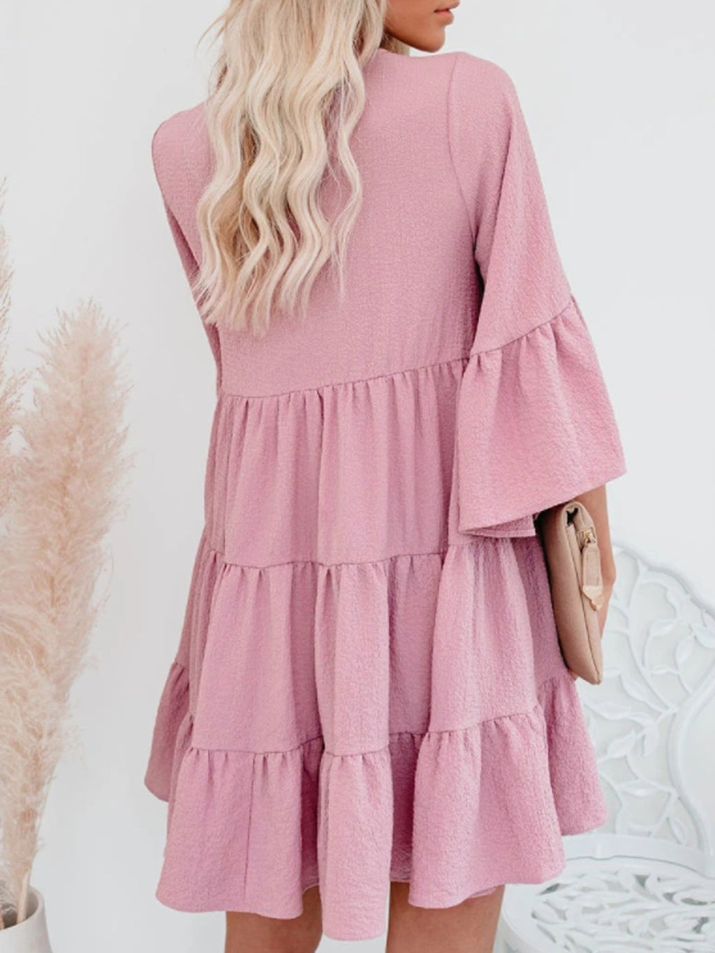 Anna-Kaci Casual Ruffle Dress for Women Bell Sleeve V Neck Fringe A-line Babydoll Loose Shift Dresses