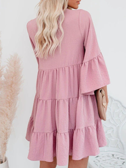 Vestido informal con volantes de Anna-Kaci para mujer, manga acampanada, escote en V, flecos, corte A, estilo babydoll, vestidos camiseros holgados