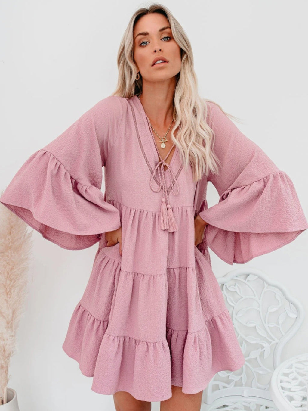 Anna-Kaci Casual Ruffle Dress for Women Bell Sleeve V Neck Fringe A-line Babydoll Loose Shift Dresses