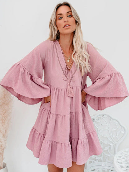 Vestido informal con volantes de Anna-Kaci para mujer, manga acampanada, escote en V, flecos, corte A, estilo babydoll, vestidos camiseros holgados