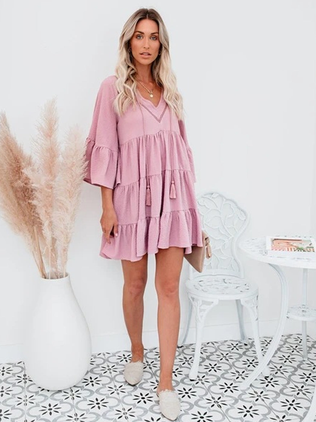 Vestido informal con volantes de Anna-Kaci para mujer, manga acampanada, escote en V, flecos, corte A, estilo babydoll, vestidos camiseros holgados