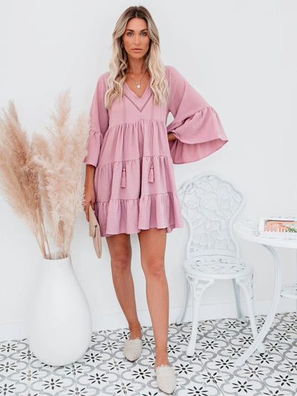 Vestido informal con volantes de Anna-Kaci para mujer, manga acampanada, escote en V, flecos, corte A, estilo babydoll, vestidos camiseros holgados