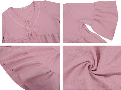 Vestido informal con volantes de Anna-Kaci para mujer, manga acampanada, escote en V, flecos, corte A, estilo babydoll, vestidos camiseros holgados