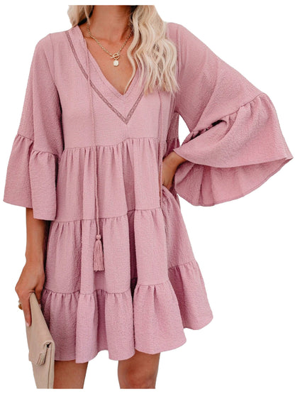 Vestido informal con volantes de Anna-Kaci para mujer, manga acampanada, escote en V, flecos, corte A, estilo babydoll, vestidos camiseros holgados