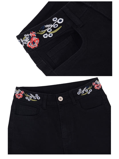 Floral Daisy Embroidered Mid Rise Bell Bottom Jeans