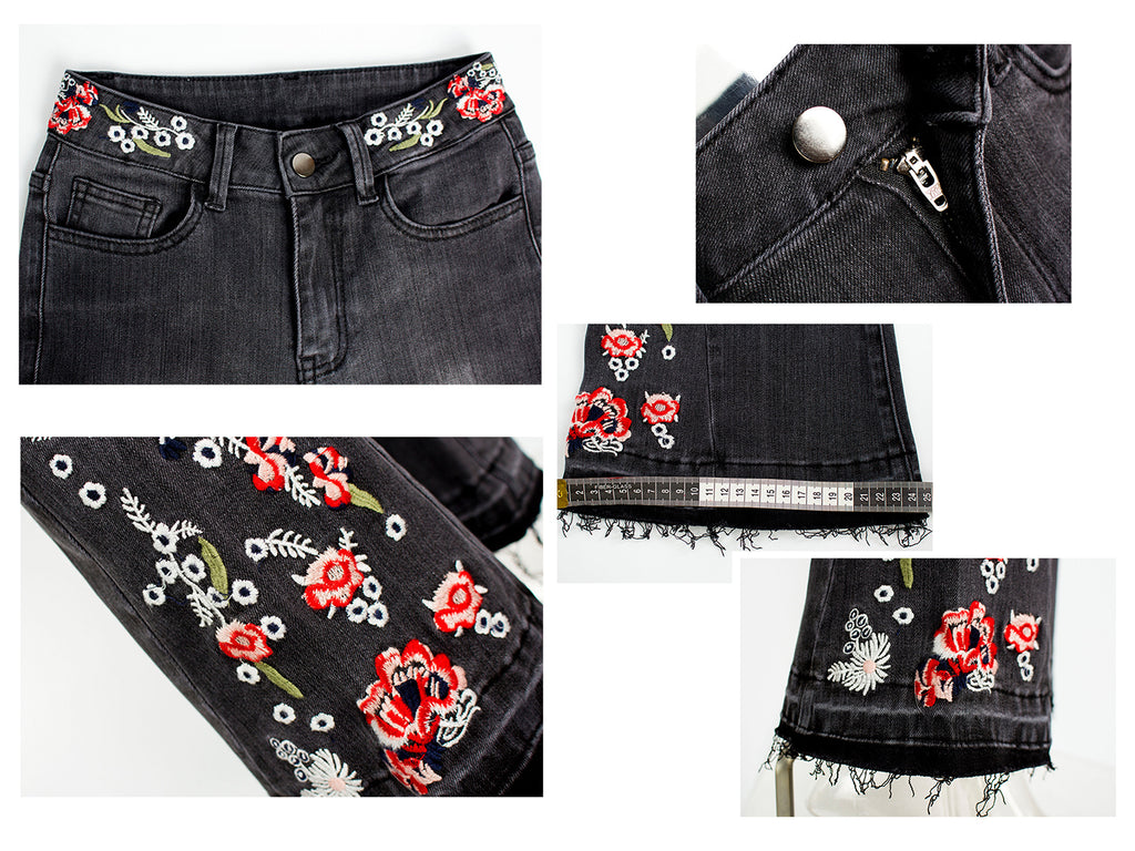 Floral Daisy Embroidered Mid Rise Bell Bottom Jeans