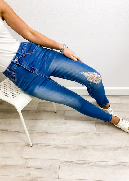 Anna-Kaci Women's High Waisted Denim Skinny Jeans Stretch Distressed Ripped Knee Pants