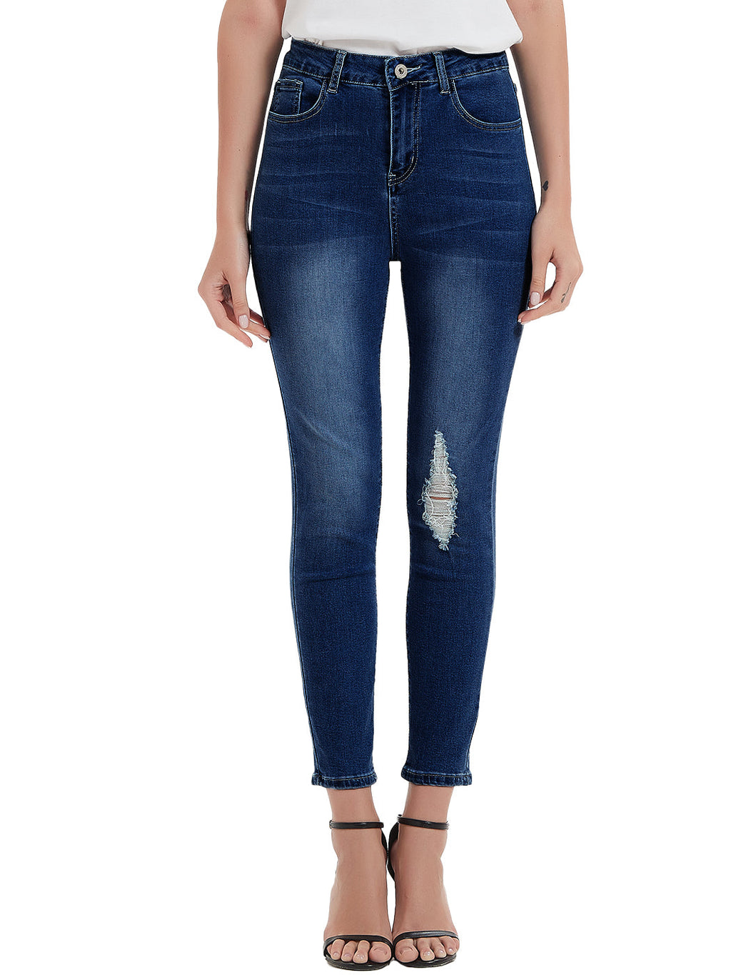 Anna-Kaci Women's High Waisted Denim Skinny Jeans Stretch Distressed Ripped Knee Pants
