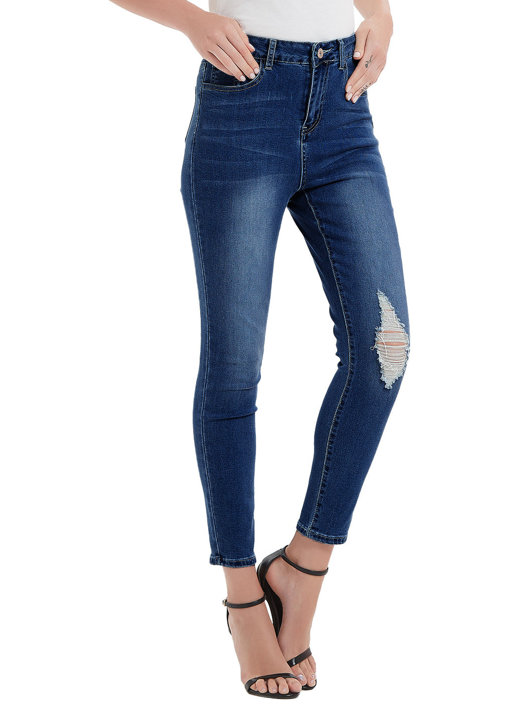 Anna-Kaci Women's High Waisted Denim Skinny Jeans Stretch Distressed Ripped Knee Pants
