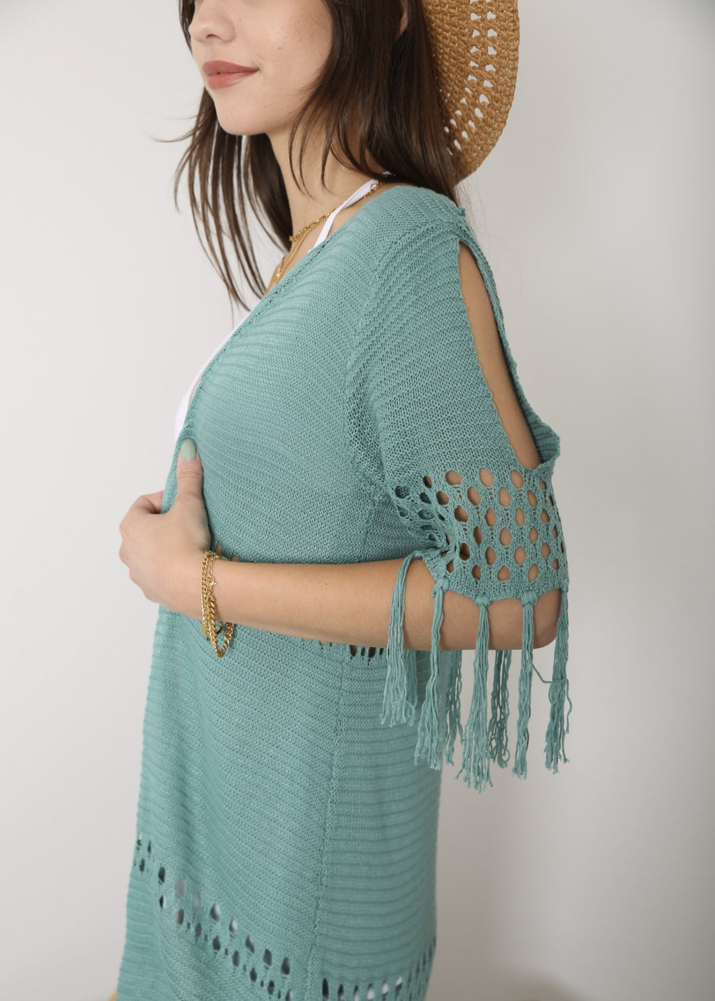 Traje de baño tipo kimono de punto a crochet con flecos largos estilo bohemio de Anna-Kaci 