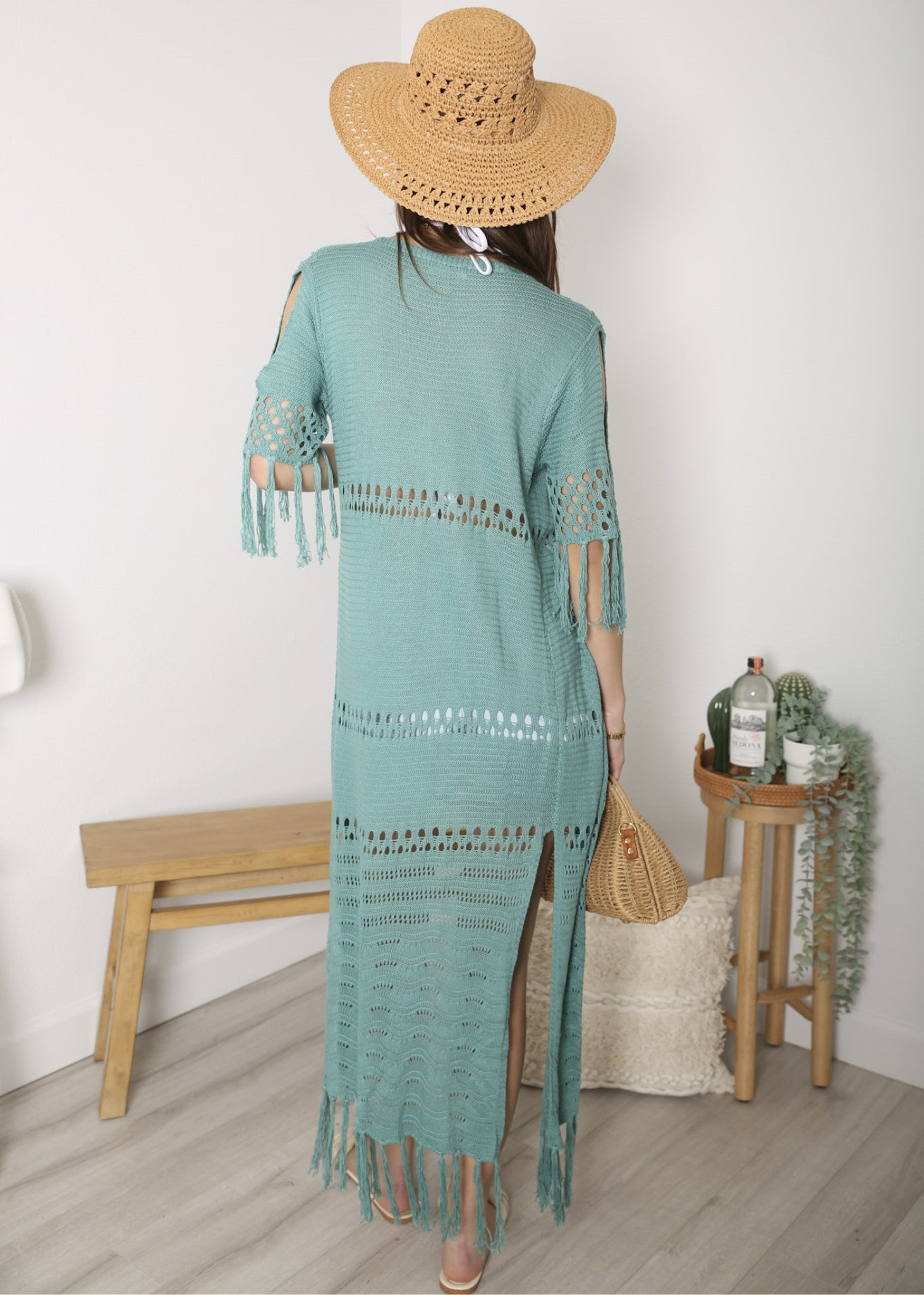 Traje de baño tipo kimono de punto a crochet con flecos largos estilo bohemio de Anna-Kaci 