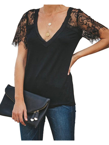 Lace Short Sleeve T-Shirt V Neck Cotton Summer Casual Tops Tee Shirts
