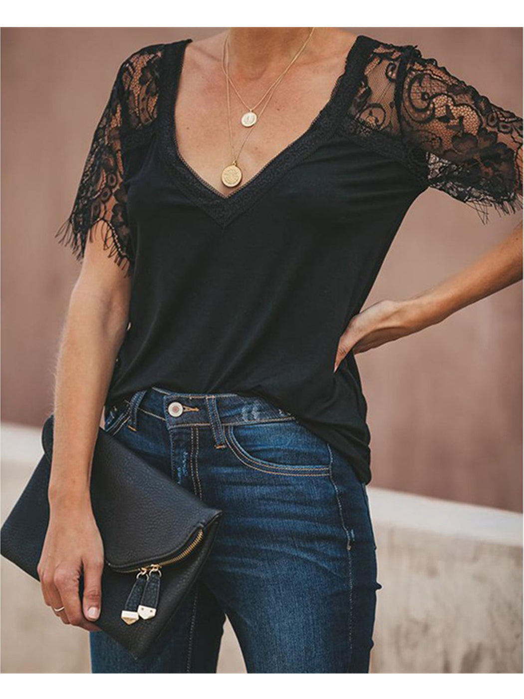 Lace Short Sleeve T-Shirt V Neck Cotton Summer Casual Tops Tee Shirts