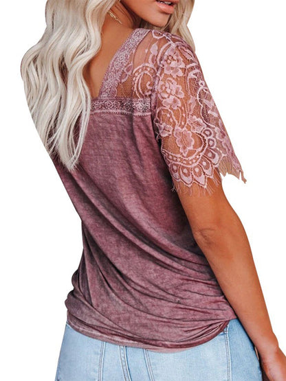 Lace Short Sleeve T-Shirt V Neck Cotton Summer Casual Tops Tee Shirts