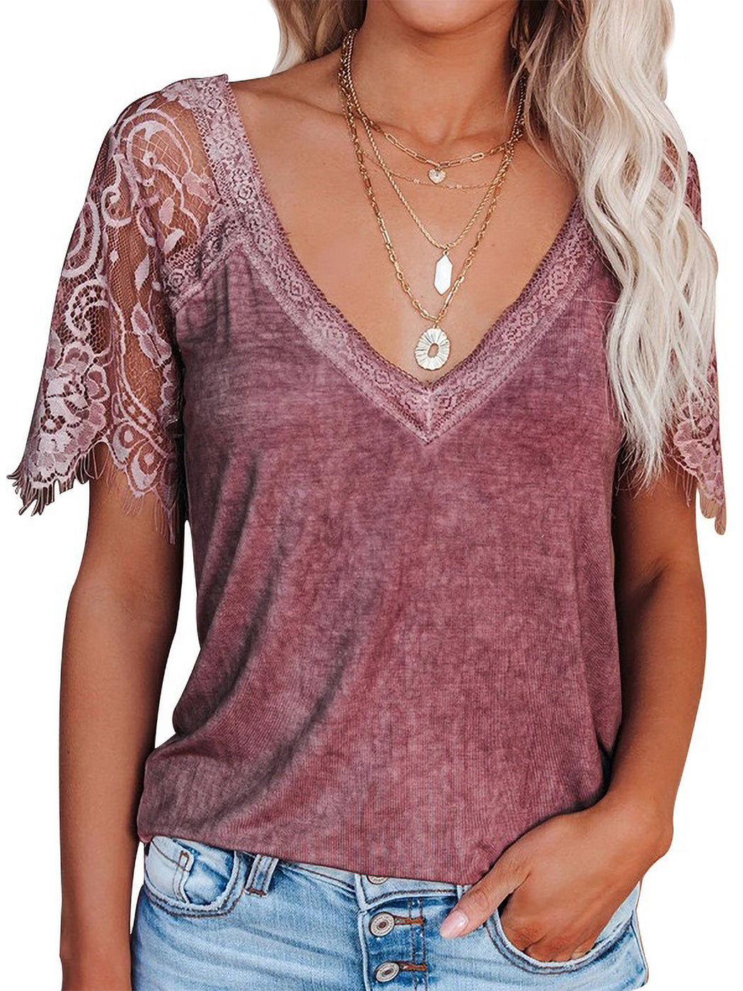 Lace Short Sleeve T-Shirt V Neck Cotton Summer Casual Tops Tee Shirts