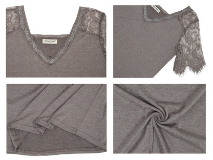 Lace Short Sleeve T-Shirt V Neck Cotton Summer Casual Tops Tee Shirts