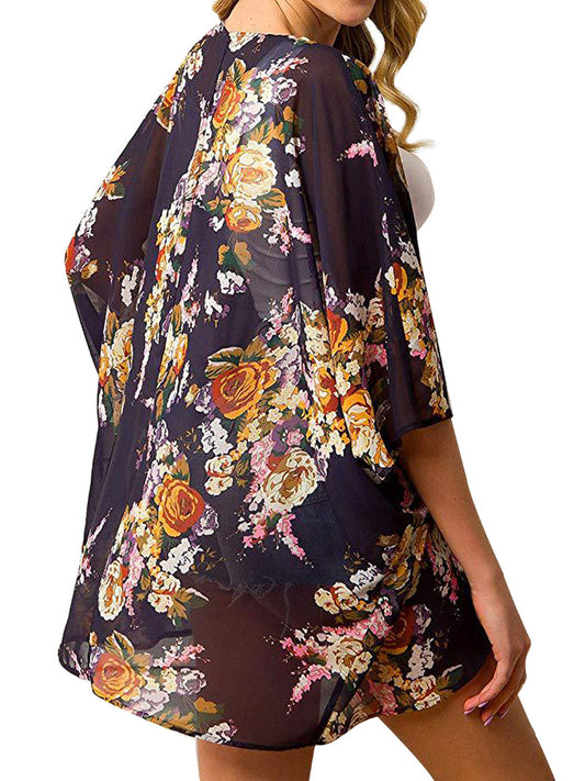 Cárdigan tipo kimono corto con abertura frontal y estampado floral de gasa para playa
