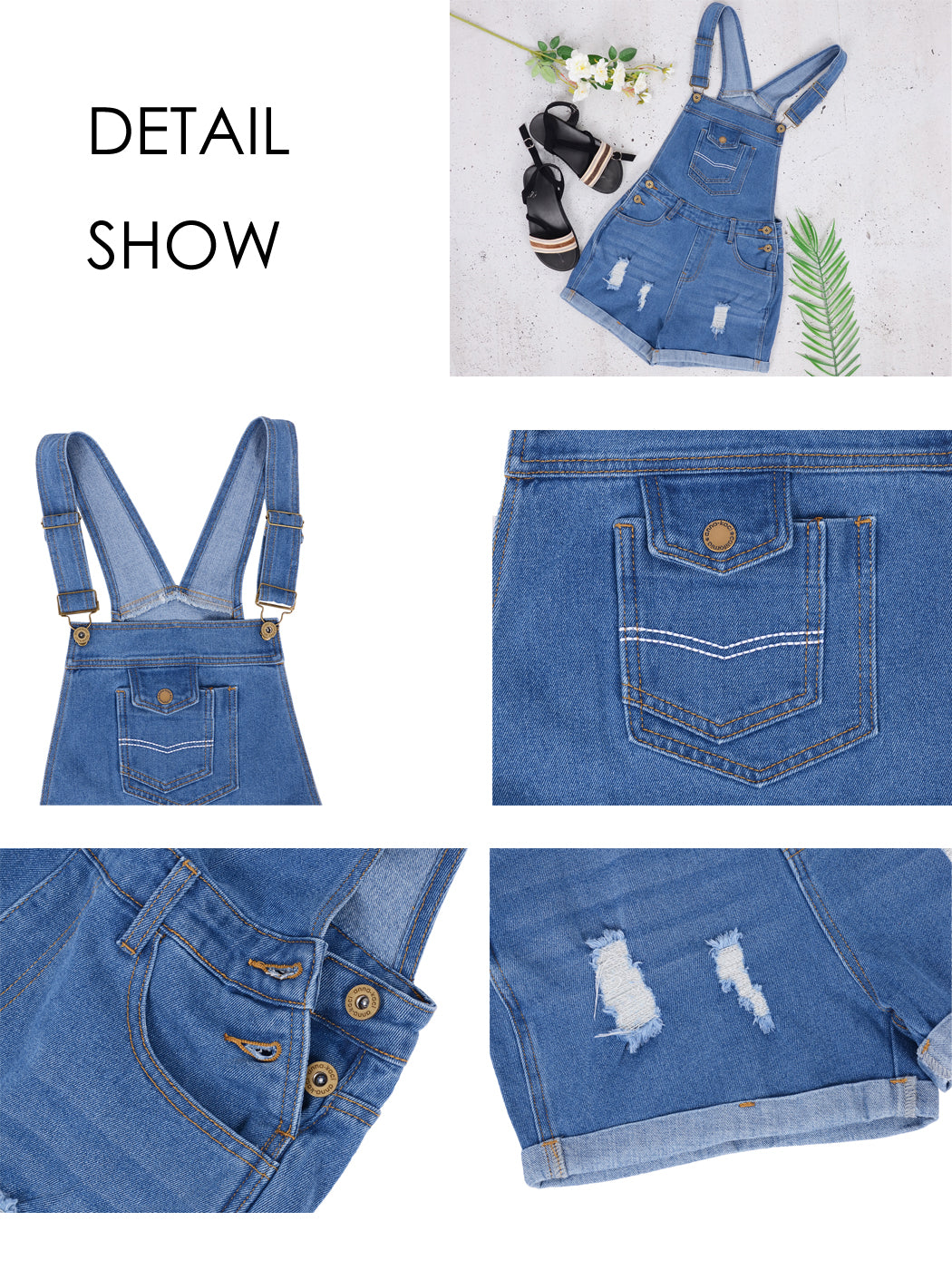 Mono corto desgastado de mujer Anna-Kaci, mono de mezclilla con pechera ajustable y puños enrollados