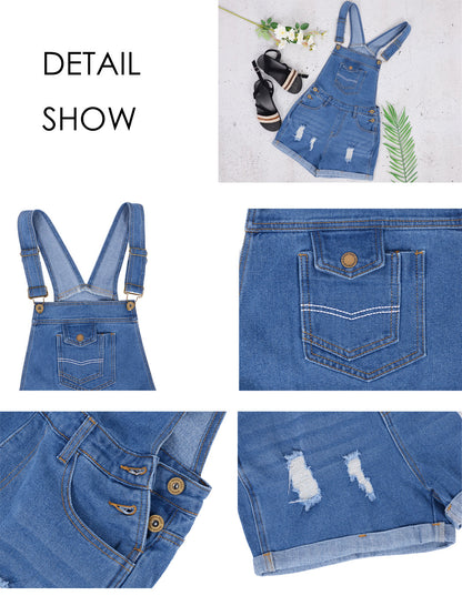 Mono corto desgastado de mujer Anna-Kaci, mono de mezclilla con pechera ajustable y puños enrollados