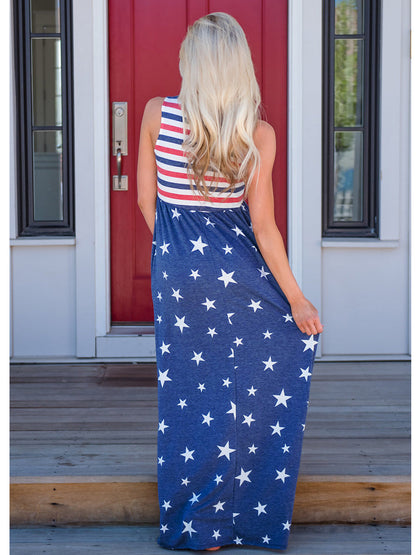 4th of July American Flag Dress Sleeveless Stars Stripes Summer Maxi Dress with Pockets