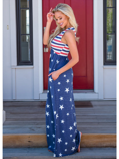 4th of July American Flag Dress Sleeveless Stars Stripes Summer Maxi Dress with Pockets