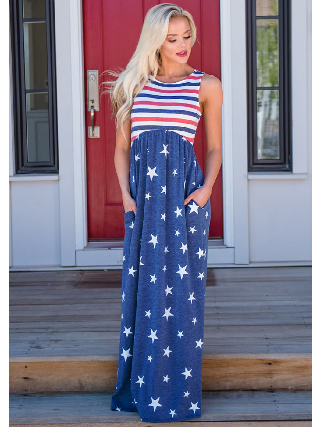 American Flag Star Vertical Striped Ruffled Mini Dress - Sleeveless With Pockets, 4th Of July Dress, Pull-On Closure, Hand Wash
