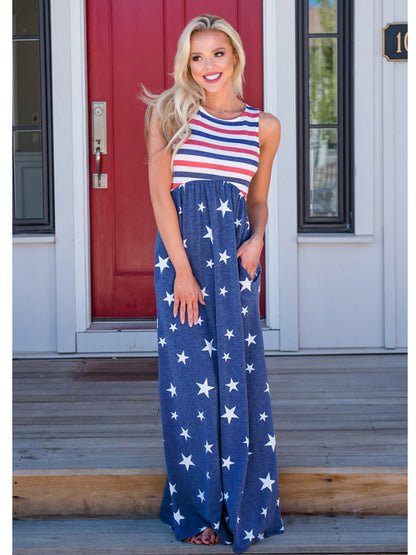 4th of July American Flag Dress Sleeveless Stars Stripes Summer Maxi Dress with Pockets