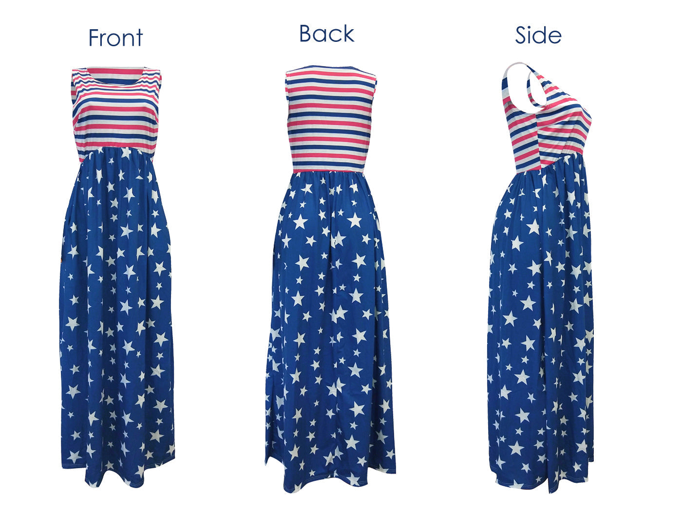 4th of July American Flag Dress Sleeveless Stars Stripes Summer Maxi Dress with Pockets