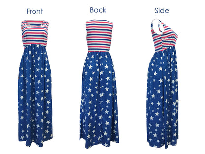 4th of July American Flag Dress Sleeveless Stars Stripes Summer Maxi Dress with Pockets