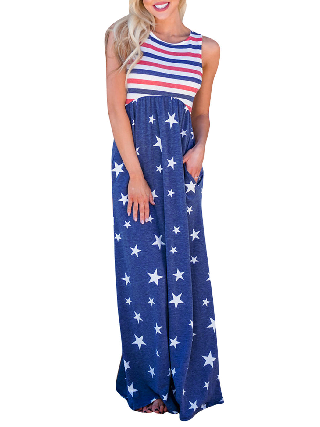 4th of July American Flag Dress Sleeveless Stars Stripes Summer Maxi Dress with Pockets