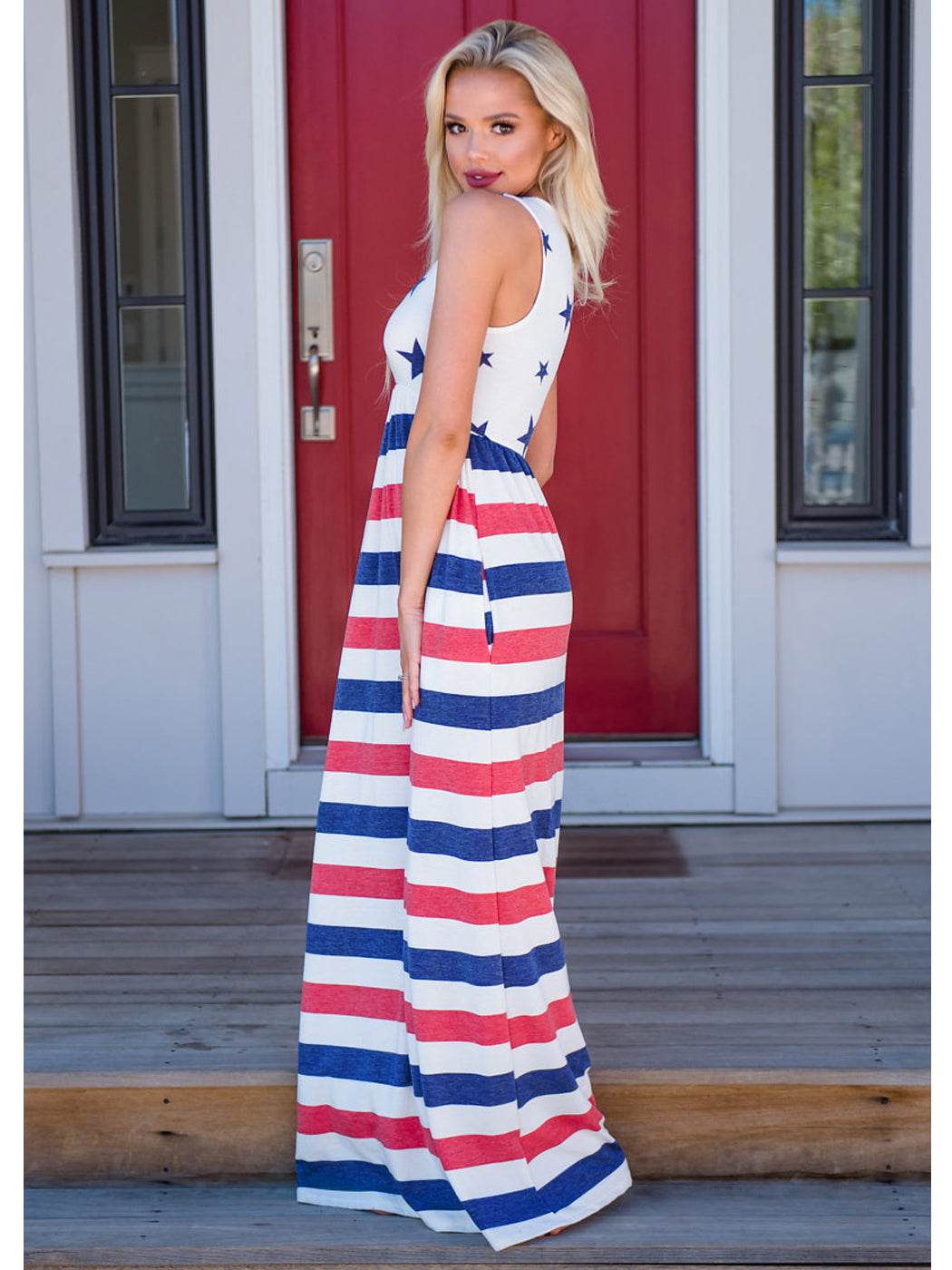 4th of July American Flag Dress Sleeveless Stars Stripes Summer Maxi Dress with Pockets