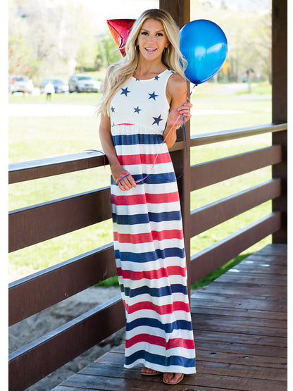 4th of July American Flag Dress Sleeveless Stars Stripes Summer Maxi Dress with Pockets