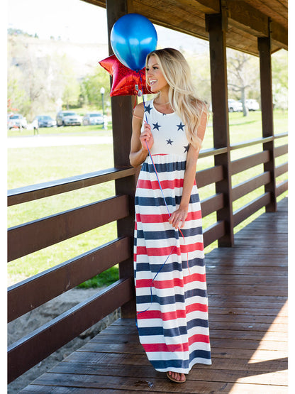 4th of July American Flag Dress Sleeveless Stars Stripes Summer Maxi Dress with Pockets