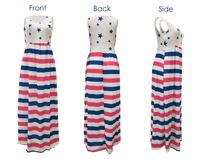 4th of July American Flag Dress Sleeveless Stars Stripes Summer Maxi Dress with Pockets