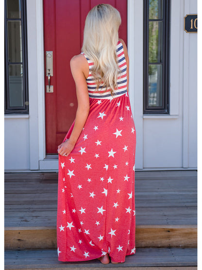 4th of July American Flag Dress Sleeveless Stars Stripes Summer Maxi Dress with Pockets