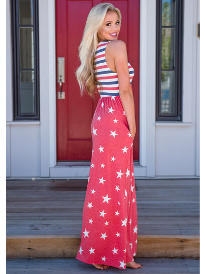 4th of July American Flag Dress Sleeveless Stars Stripes Summer Maxi Dress with Pockets