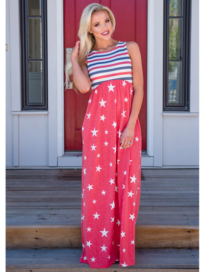 4th of July American Flag Dress Sleeveless Stars Stripes Summer Maxi Dress with Pockets