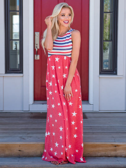 4th of July American Flag Dress Sleeveless Stars Stripes Summer Maxi Dress with Pockets