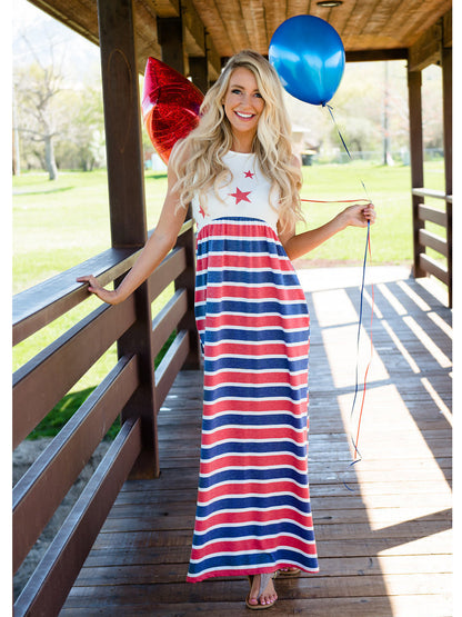 4th of July American Flag Dress Sleeveless Stars Stripes Summer Maxi Dress with Pockets