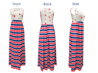 4th of July American Flag Dress Sleeveless Stars Stripes Summer Maxi Dress with Pockets