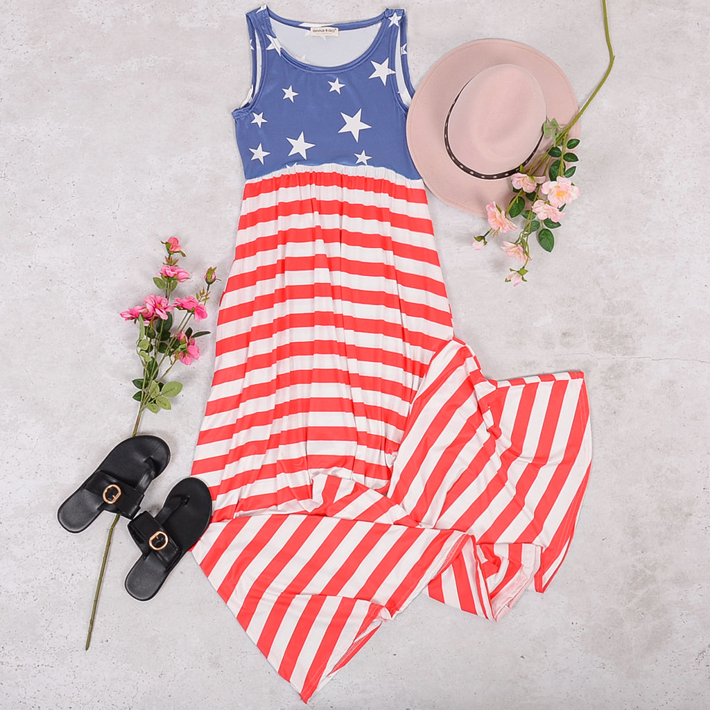 4th of July American Flag Dress Sleeveless Stars Stripes Summer Maxi Dress with Pockets