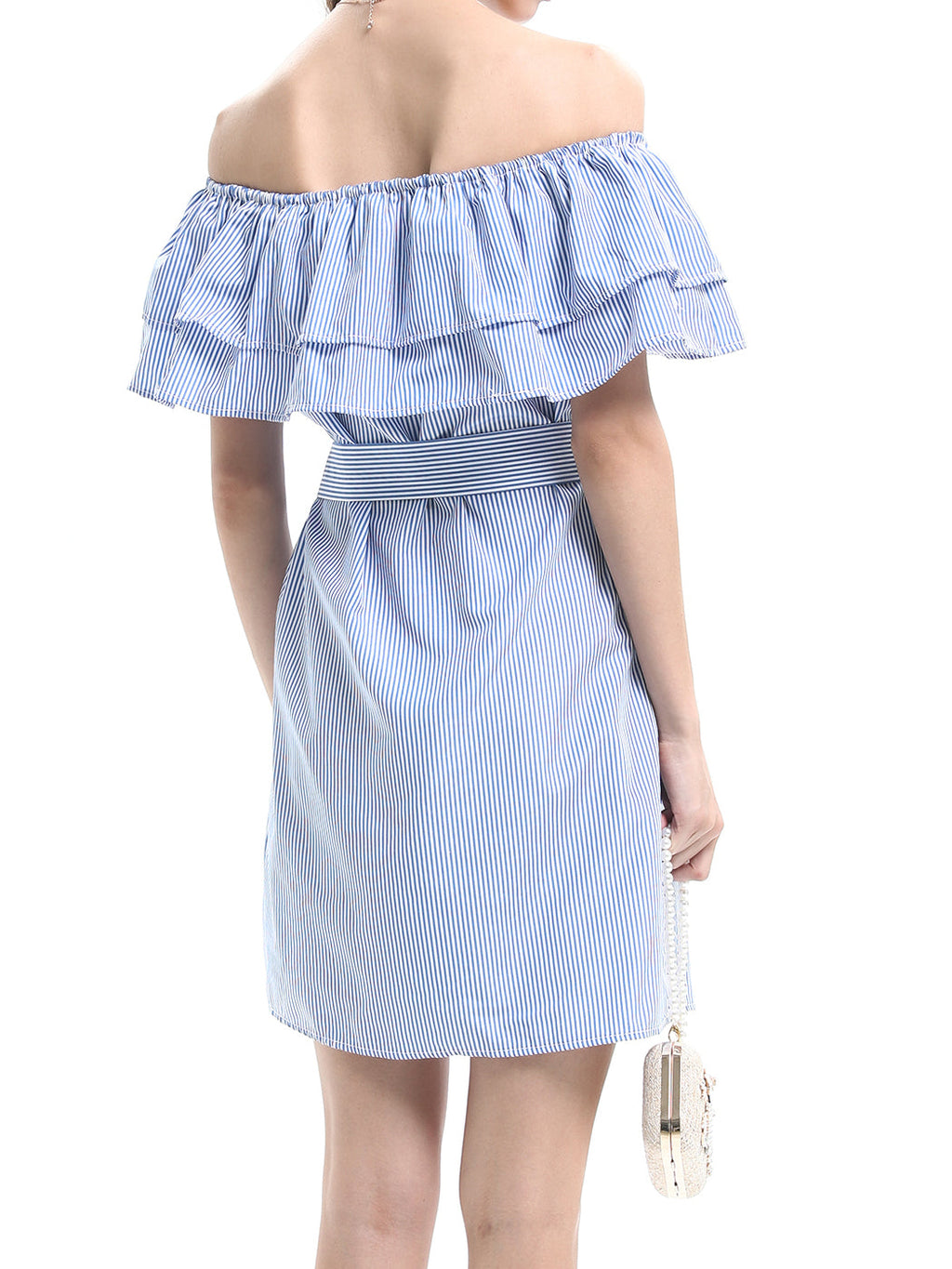 Vestido camisero corto de mezclilla con volantes, cómodo e informal con hombros descubiertos para mujer de Anna-Kaci