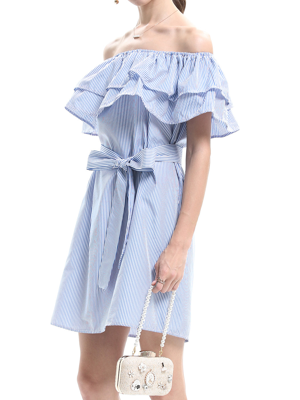 Vestido camisero corto de mezclilla con volantes, cómodo e informal con hombros descubiertos para mujer de Anna-Kaci