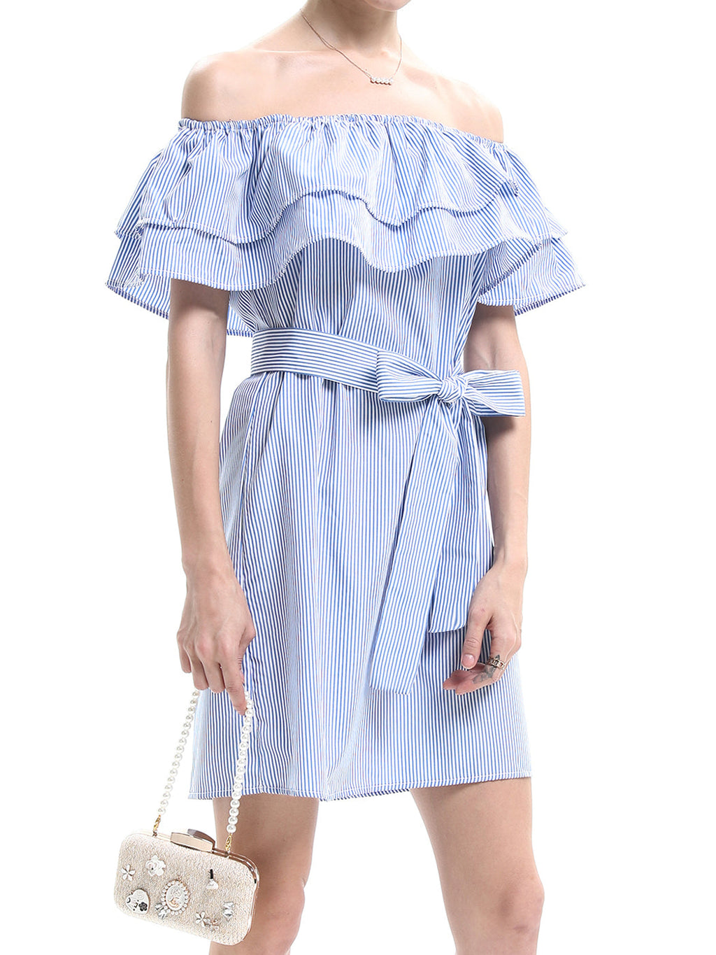 Vestido camisero corto de mezclilla con volantes, cómodo e informal con hombros descubiertos para mujer de Anna-Kaci