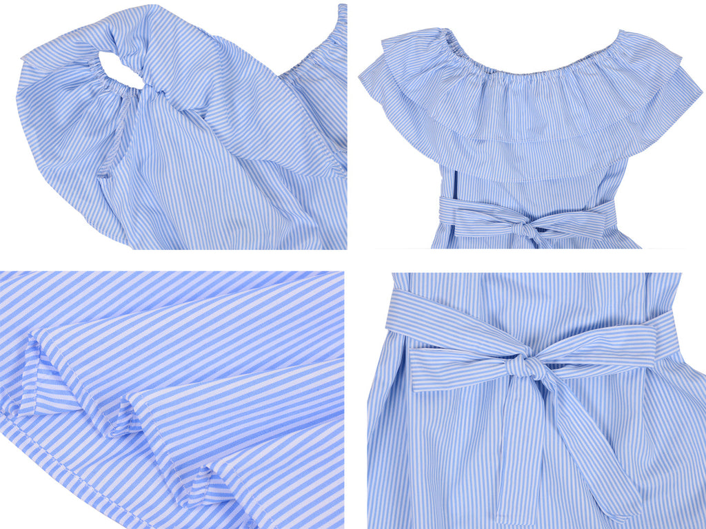 Vestido camisero corto de mezclilla con volantes, cómodo e informal con hombros descubiertos para mujer de Anna-Kaci