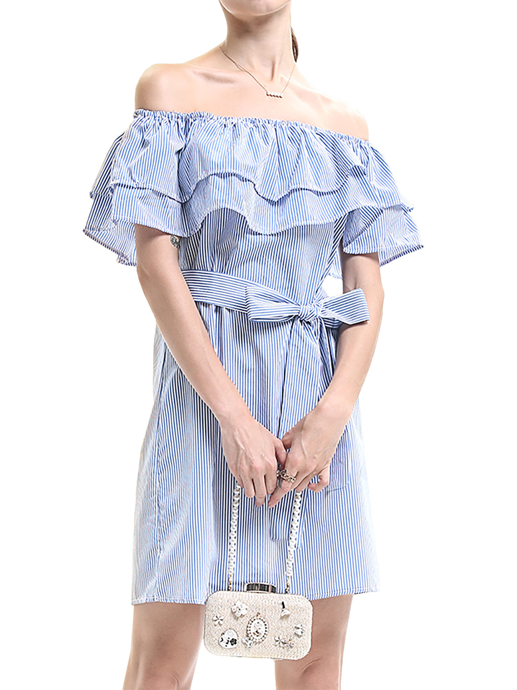 Anna-Kaci Womens Off Shoulder Comfy Casual Ruffle Short Denim Slip Dress