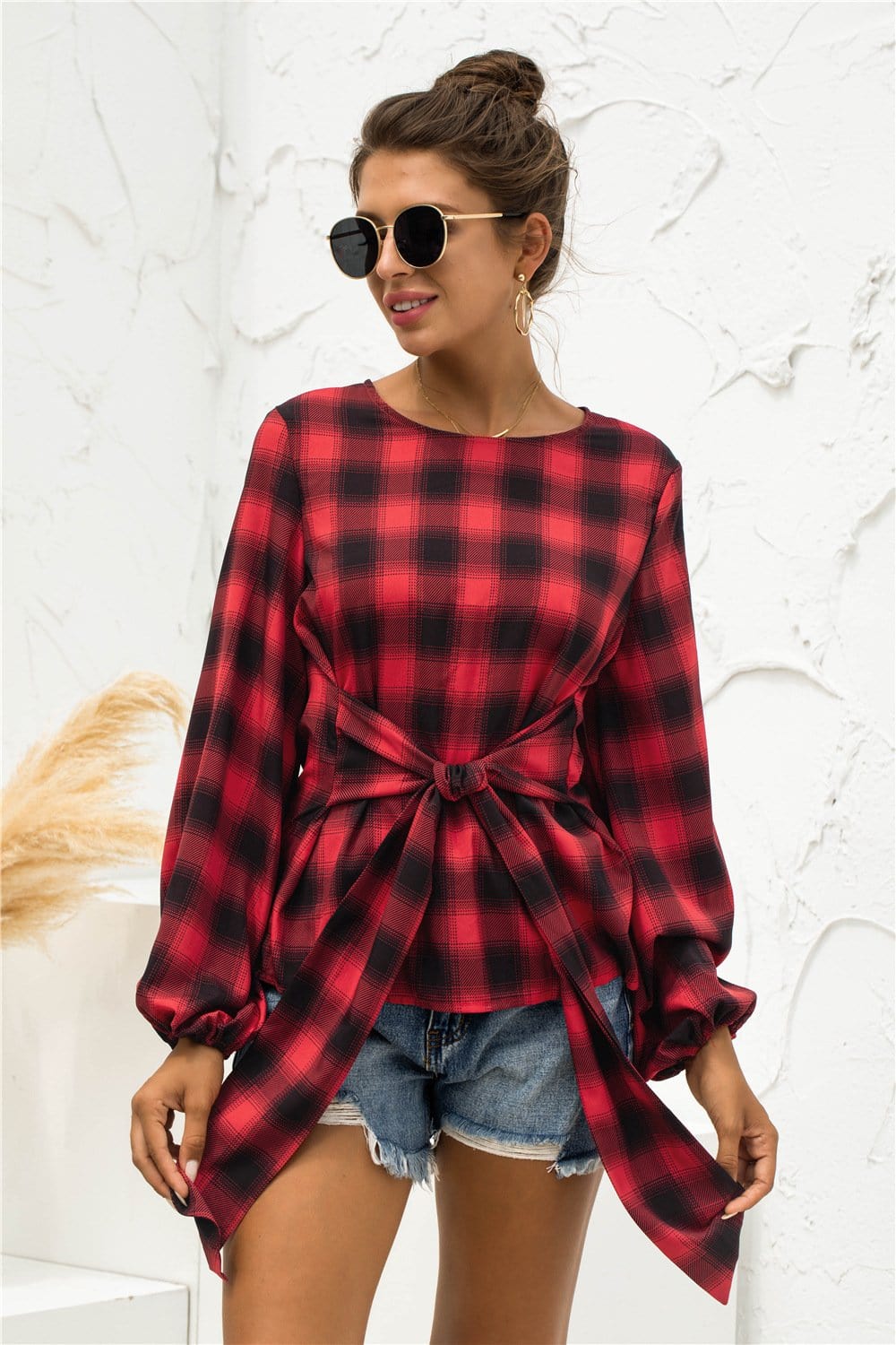 Tie Waist Plaid Blouse