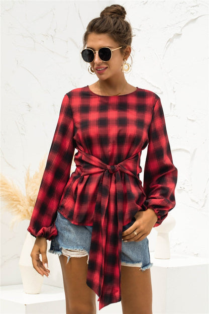 Tie Waist Plaid Blouse