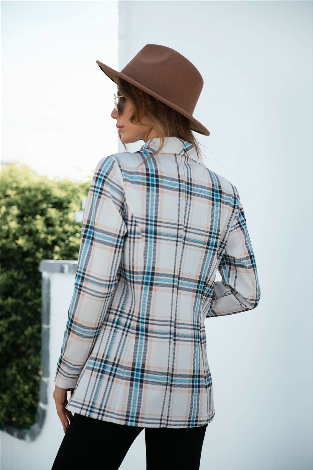 Chaqueta tipo blazer a cuadros con abertura frontal para mujer de Anna-Kaci, abrigo de manga larga con bolsillos frontales simulados, atuendo formal de trabajo